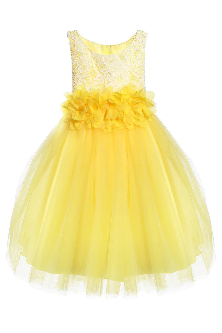 Nova 414F Lace Illusion Girls Dress with 3 Mesh Flowers