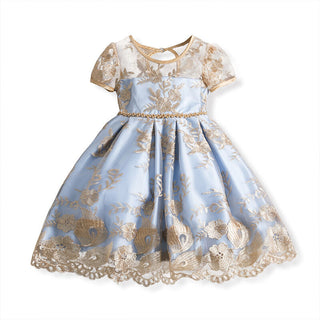 9M-8Y  Girls Short Sleeve Gold Lace Party Dress