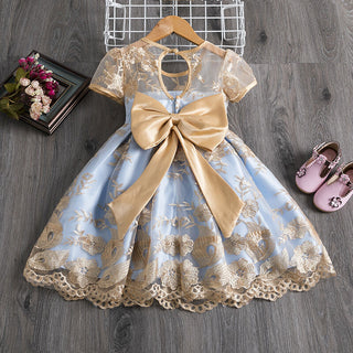 9M-8Y  Girls Short Sleeve Gold Lace Party Dress