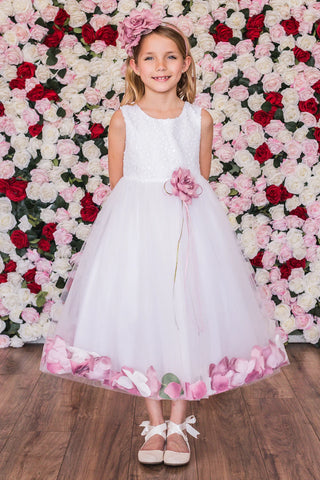 Clementine (160C) Sequin Top Flower Girl Dress with Flower Petal Embellishments