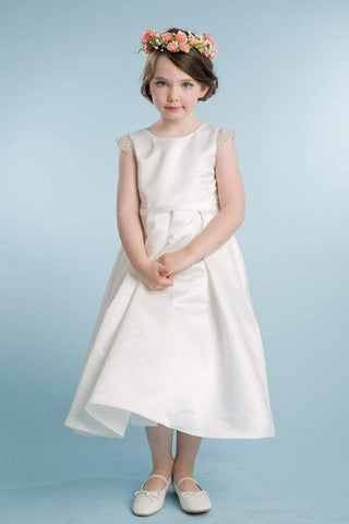 Lea 201 Dull Satin Dress with Beaded Short Sleeves Sizes 2-12