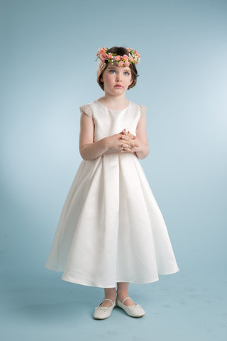 Lea 201 Dull Satin Dress with Beaded Short Sleeves Sizes 2-12