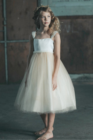 Sarah 209 Satin Top Dress with Handmade Pearl Shoulder Patch and Glitter Mesh Skirt