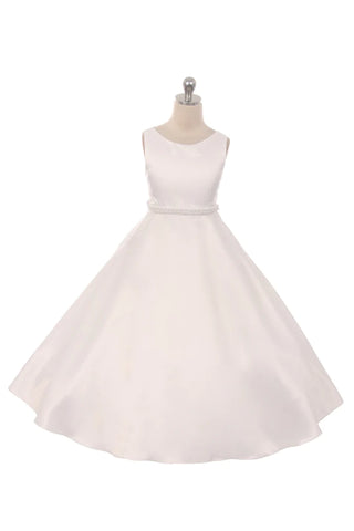 Olympia 386 Full Length Satin Pearl Trim Girls Communion Dress