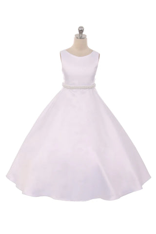 Olympia 386 Full Length Satin Pearl Trim Girls Communion Dress