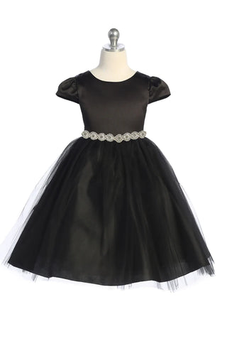 Juniper 452-A Capped Sleeve Satin & Tulle Girls Dress with Rhinestone Trim Available in Plus Sizes