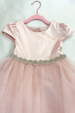 Juniper 452-A Capped Sleeve Satin & Tulle Girls Dress with Rhinestone Trim Available in Plus Sizes