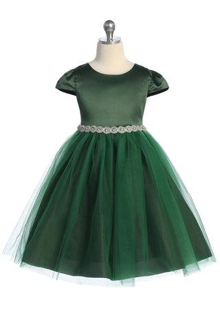 Juniper 452-A Capped Sleeve Satin & Tulle Girls Dress with Rhinestone Trim Available in Plus Sizes