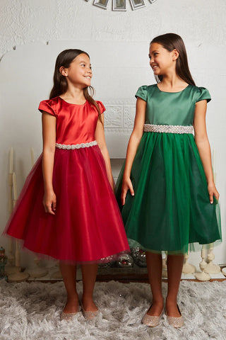 Juniper 452-A Capped Sleeve Satin & Tulle Girls Dress with Rhinestone Trim Available in Plus Sizes