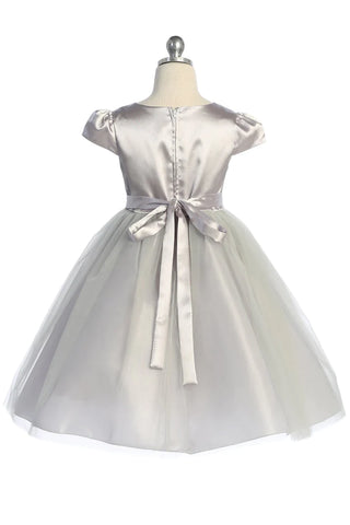 Juniper 452-A Capped Sleeve Satin & Tulle Girls Dress with Rhinestone Trim Available in Plus Sizes