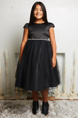 Juniper 452-A Capped Sleeve Satin & Tulle Girls Dress with Rhinestone Trim Available in Plus Sizes