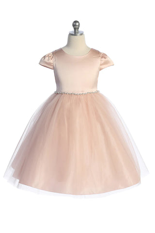 Sage 452-G Capped Sleeve Satin & Tulle Girls Dress with Rhinestone/Pearl Trim Available in Plus Sizes