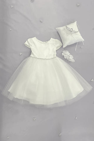 Sage 452-G Capped Sleeve Satin & Tulle Girls Dress with Rhinestone/Pearl Trim Available in Plus Sizes