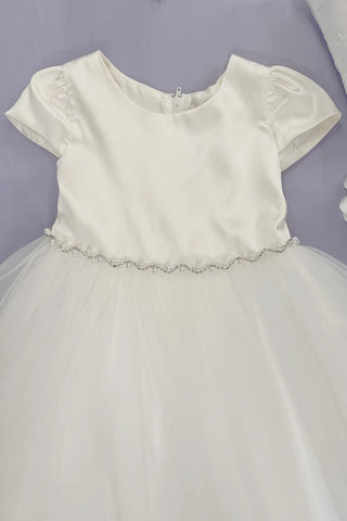 Sage 452-G Capped Sleeve Satin & Tulle Girls Dress with Rhinestone/Pearl Trim Available in Plus Sizes