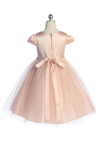 Sage 452-G Capped Sleeve Satin & Tulle Girls Dress with Rhinestone/Pearl Trim Available in Plus Sizes