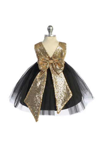 Ivy 498B Gold Sequins V Back & Bow Baby Dress