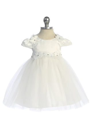 Lara 562B Capped Sleeve Satin & Tulle Baby Dress with Floral Trim