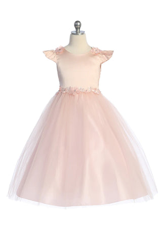 Maeve 562 Capped Sleeve Satin & Tulle Girls Dress with Floral Trim Available in Plus Sizes