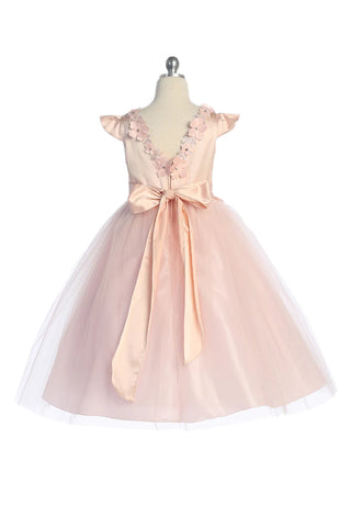 Maeve 562 Capped Sleeve Satin & Tulle Girls Dress with Floral Trim