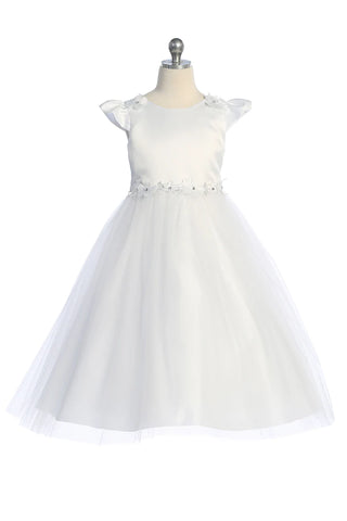 Maeve 562 Capped Sleeve Satin & Tulle Girls Dress with Floral Trim Available in Plus Sizes