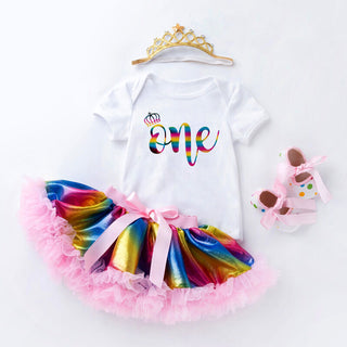 0-18M Baby Girl Set Unicorn Letter Birthday Bodysuit, Tutu Skirt & Headband
