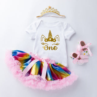 0-18M Baby Girl Set Unicorn Letter Birthday Bodysuit, Tutu Skirt & Headband