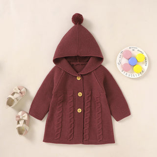 Solid Color Knitted Baby Cardigan With Hood