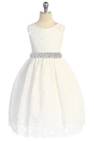 Iris 526-E All Lace Girls Dress with V Back & Bow and Thick Rhinestone Trim and Plus Sizes