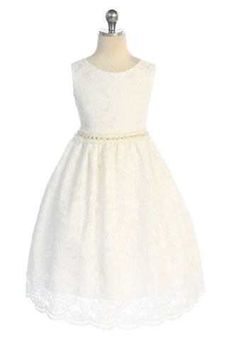 Kinsley 526-B All Lace Girls Dress with V Back & Bow and Mesh Pearl Trim and Plus Sizes