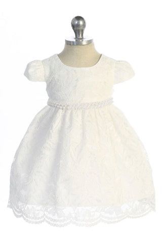 Mulan 532-C All Lace Baby Dress with V Back & Bow and Thick Pearl Trim