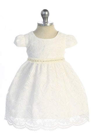Belle 532-B All Lace Baby Dress with V Back & Bow and Mesh Pearl Trim