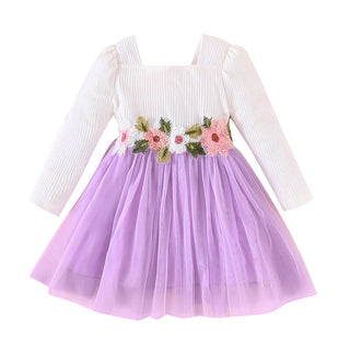 9M-4Y  Girls Embroidered Square Collar  Mesh Dress With Lace Trim