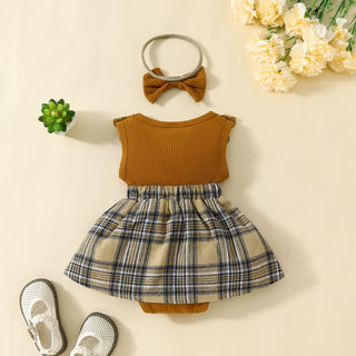 0-18M Baby Girls Lace Plaid Sleeveless Bodysuit & Headband