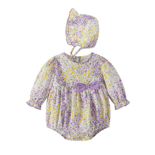 0-18M Baby Violet Floral Long Sleeve Bodysuit & Hat Two-Piece Set