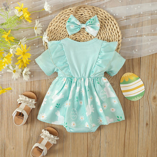 0-18M Baby Girls Bunny Print Easter Bodysuit Dress & Headband