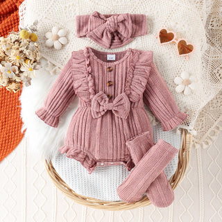 0-12M Baby Girls Long-Sleeved Ruffled Bodysuit & Headband