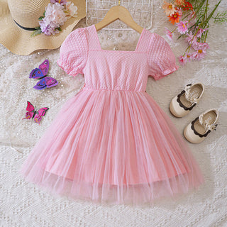 18M-6Y Girls Puff Sleeve Patchwork Mesh Dress