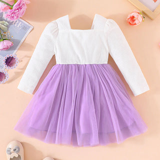 9M-4Y  Girls Embroidered Square Collar  Mesh Dress With Lace Trim