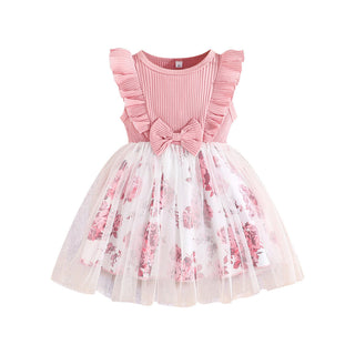 9M-5Y  Girls Sleeveless Patchwork Flower Print Mesh Dress