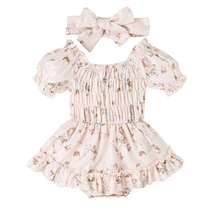 3-24M Baby Girls Floral Puff Sleeve Smocked Bodysuit & Headband