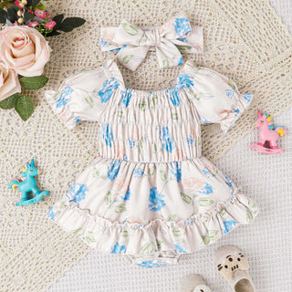 3-24M Baby Girls Floral Puff Sleeve Smocked Bodysuit & Headband