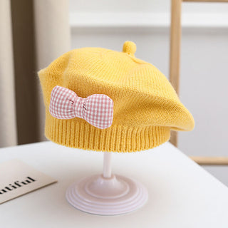 Knitted Beret with Plaid Bow