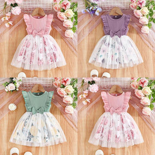 9M-5Y  Girls Sleeveless Patchwork Flower Print Mesh Dress