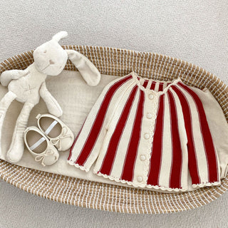 3-24M Baby Retro Round Neck Cardigan Knitted Color Contrast Stripe Sweater