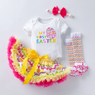 0-18M Baby Girls Easter Short Sleeve Embroidered Bodysuit & Tutu Skirt