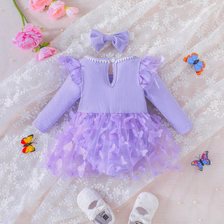 0-18M Baby Long-Sleeved Butterfly Mesh Bodysuit With Headband