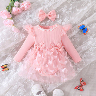 0-18M Baby Long-Sleeved Butterfly Mesh Bodysuit With Headband