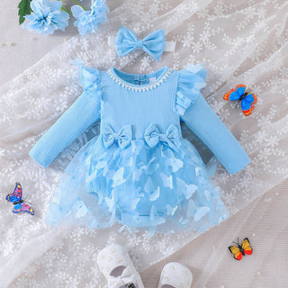 0-18M Baby Long-Sleeved Butterfly Mesh Bodysuit With Headband