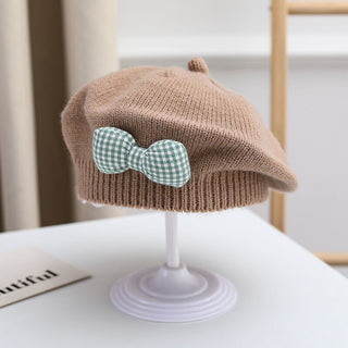 Knitted Beret with Plaid Bow