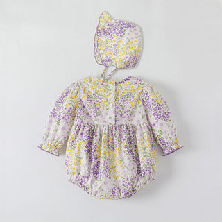 0-18M Baby Violet Floral Long Sleeve Bodysuit & Hat Two-Piece Set